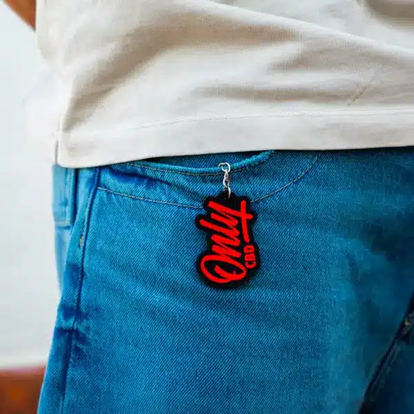 a person wearing blue jeans with a red tag